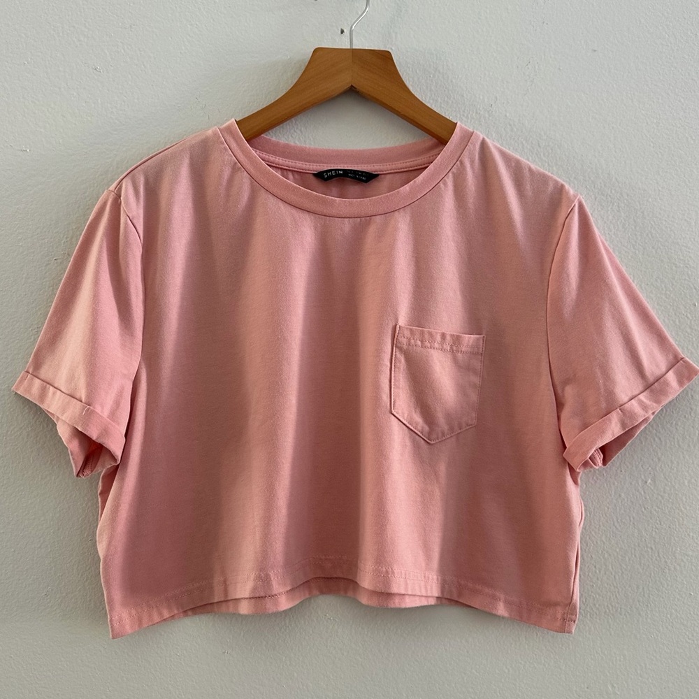 SHEIN Pink Cropped T-Shirt XL Women’s Pocket Tee Casual Soft Short Sleeve Top